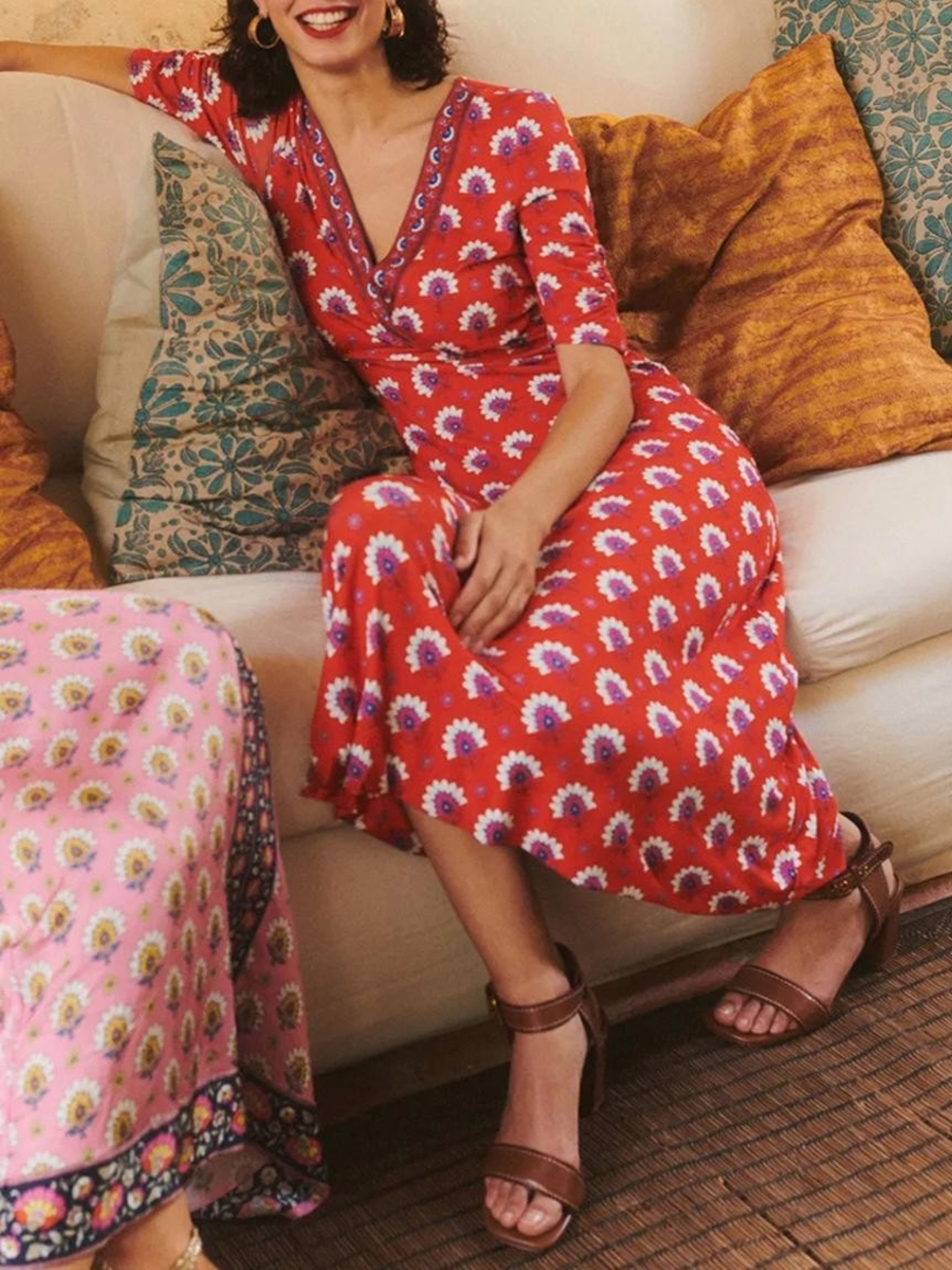 Boden Red Floral Midi Wrap Rebbeca Dress 6 - Picture 3 of 7